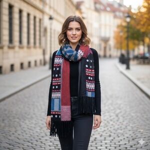 Patchwork Pattern Scarf Wrap Red White Blue Black Fringe Hem Sheer Stripe Tribal